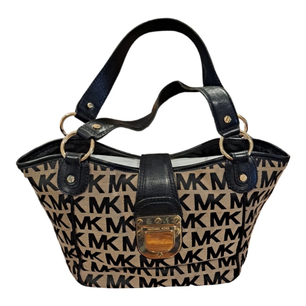 Michael Kors Vintage Y2K Charlton Monogram Canvas Tote Shoulder Bag Black Beige